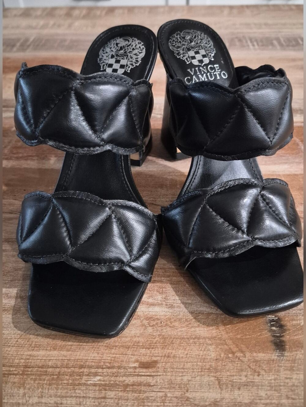 Vince Camuto leather Quilted Double-Strap Slide Heels Black Square Toe Mule 5.5M